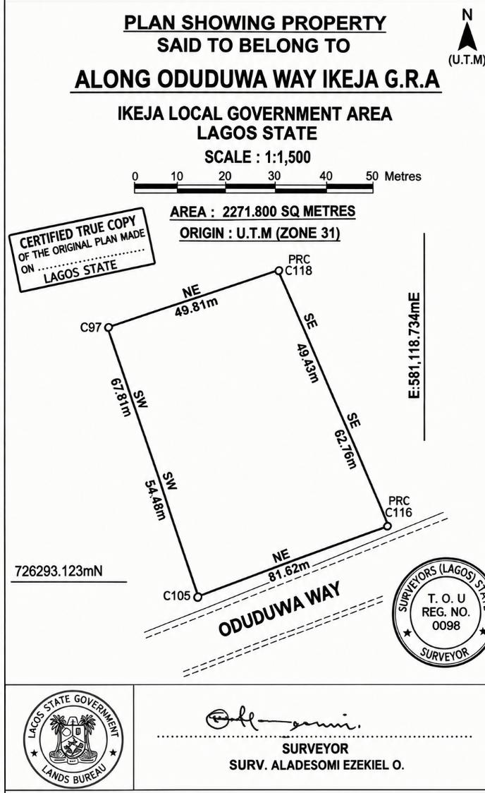 Prime 2,271SQM Land for Sale at Oduduwa Way, Ikeja GRA